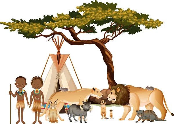 Tribu Africana Con Grupo Animales Salvajes Africanos Sobre Fondo Blanco — Vector de stock