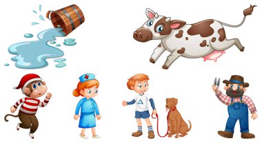 Beyaz arkaplan illüstrasyonunda izole edilmiş farklı çocuk tekerlemesi karakterleri