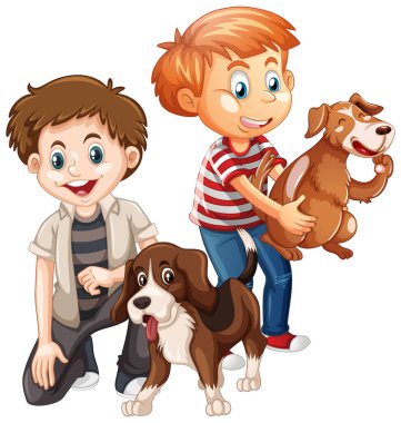 Beyaz arka planda izole edilmiş köpekleriyle oynayan iki çocuk.