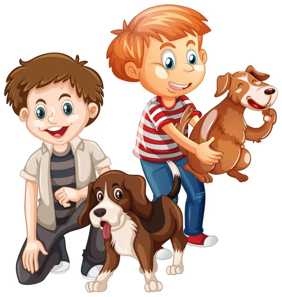 Twee Jongen Spelen Met Hun Honden Geïsoleerd Witte Achtergrond Illustratie — Stockvector