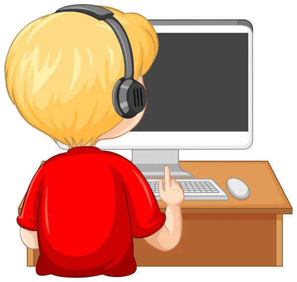 一个带着电脑的男孩在桌子上的背景图 上面有白色的背景插图 — 图库矢量图片