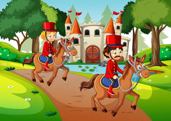骑着马在城堡里骑马的士兵 — 图库矢量图片