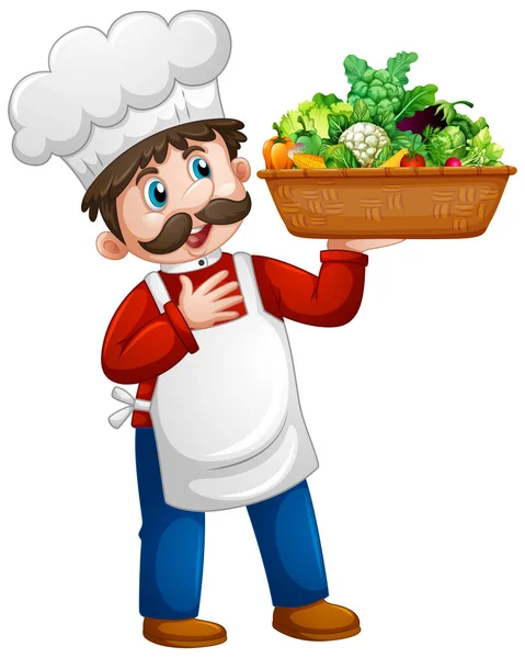 Chef Hombre Sosteniendo Cubo Vegetal Personaje Dibujos Animados Aislados Sobre — Vector de stock