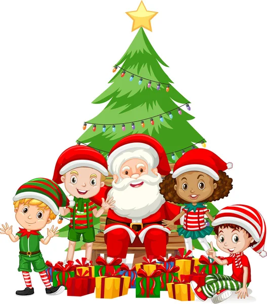 Санта Клаус Детьми Носят Рождественские Костюмы Персонаж Мультфильма Белом Фоне — стоковый вектор