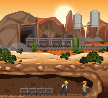 Günbatımı illüstrasyonunda kömür madenciliği manzarası