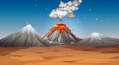 Volcano eruption in desert scene at night illustration clipart