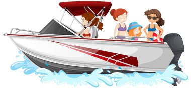 Beyaz arkaplanda izole edilmiş bir sürat teknesinde duran insanlar