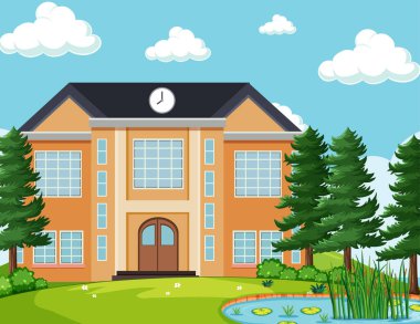 Okul binasının olduğu boş sahne doğa illüstrasyonu