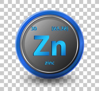 Çinko kimyasal element. Atom numarası ve atomik kütlesi olan kimyasal bir sembol. resimleme