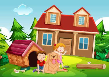 Evin önünde sevimli köpekle oynayan çocukların olduğu açık hava sahnesi.