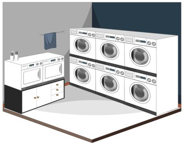 Çamaşır odasının içi mobilya resimleriyle dolu.