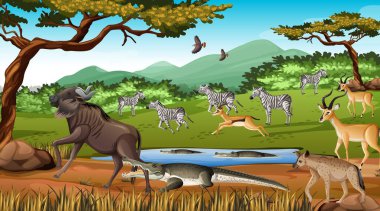 Group of Wild African Animal in the forest scene illustration clipart