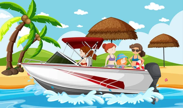 Beach Scene People Speed Boat Illustration — Stock Vector