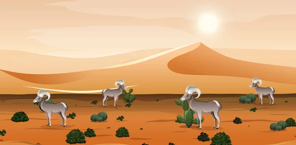 Пустыня Песчаными Горами Пейзажем Овец Бигхорнов Дневное Время Иллюстрация Сцены — стоковый вектор
