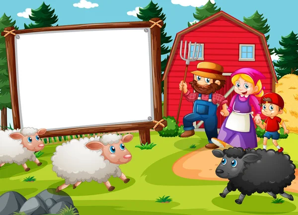 Blank Banner Scenerii Gospodarstwa Szczęśliwą Rodziną Wiele Owiec Ilustracji — Wektor stockowy