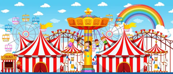 Escena Del Parque Atracciones Durante Día Con Arco Iris Cielo — Vector de stock