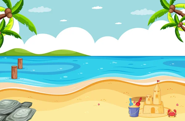 Scena Spiaggia Vuota Con Illustrazione Del Castello Sabbia — Vettoriale Stock