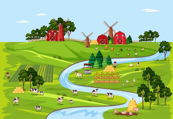 Granja Naturaleza Con Graneros Paisaje Escena Ilustración — Vector de stock