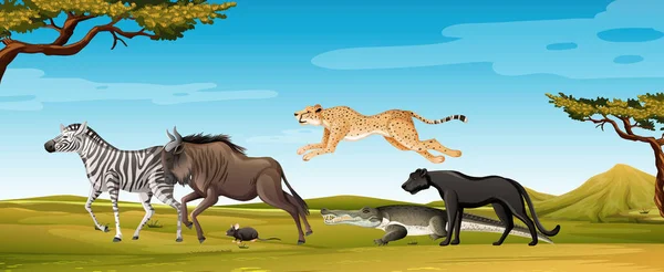 Grupa Dzikich Zwierząt Afrykańskich Scenie Leśnej Ilustracja — Wektor stockowy