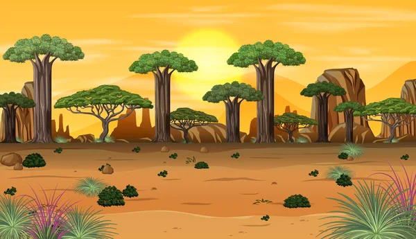 日没時のアフリカの森の風景イラスト — ストックベクタ