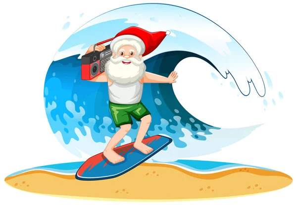 Santa Claus Surfing Wave Summer Theme White Background Illustration — Stock Vector