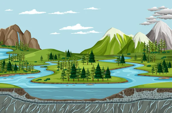 Vista Pájaro Con Ilustración Paisaje Del Parque Natural — Vector de stock