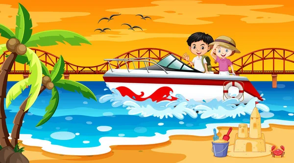 Παραλία Σκηνή Παιδιά Στέκεται Μια Εικόνα Ταχύπλοο Σκάφος — Διανυσματικό Αρχείο