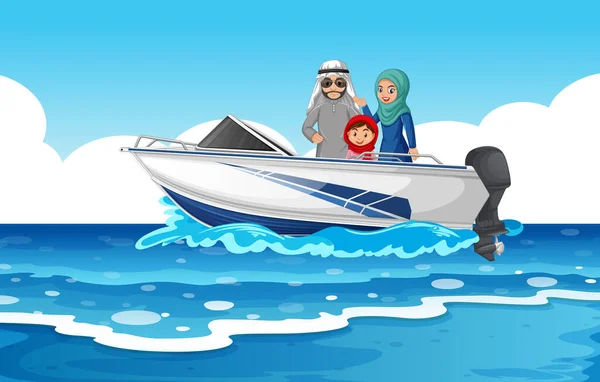Seeszene Mit Arabischer Familie Auf Dem Speedboot — Stockvektor
