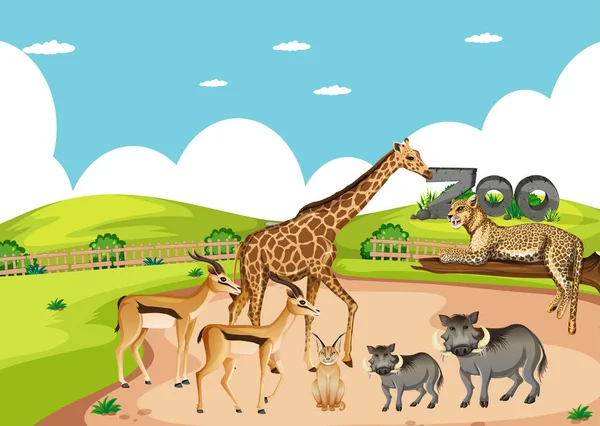 Grupo Animales Salvajes Africanos Escena Del Zoológico Ilustración — Vector de stock