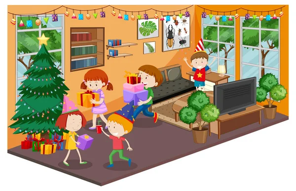 Gyerekek Nappaliban Bútorok Karácsonykor Party Téma Illusztráció — Stock Vector