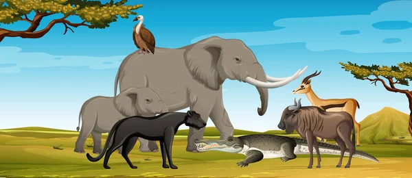 Grupo Animales Salvajes Africanos Escena Forestal Ilustración — Vector de stock