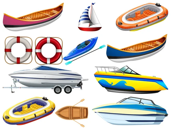 Set Different Kind Boats Ship Isolated White Background Illustration — Stock Vector