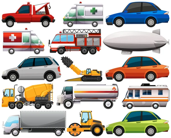 Ensemble Différents Types Voitures Camions Isolés Sur Fond Blanc Illustration — Image vectorielle