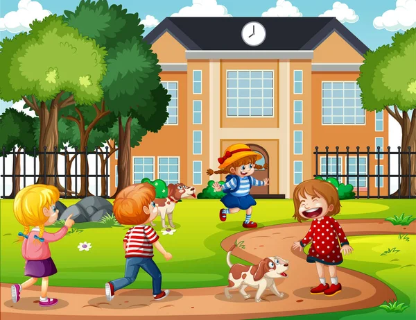 Εξωτερική Σκηνή Πολλά Παιδιά Παίζουν Μπροστά Από Σχολείο Εικονογράφηση — Διανυσματικό Αρχείο