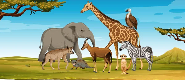 Groep Van Wild Afrikaans Dier Het Bos Scene Illustratie — Stockvector