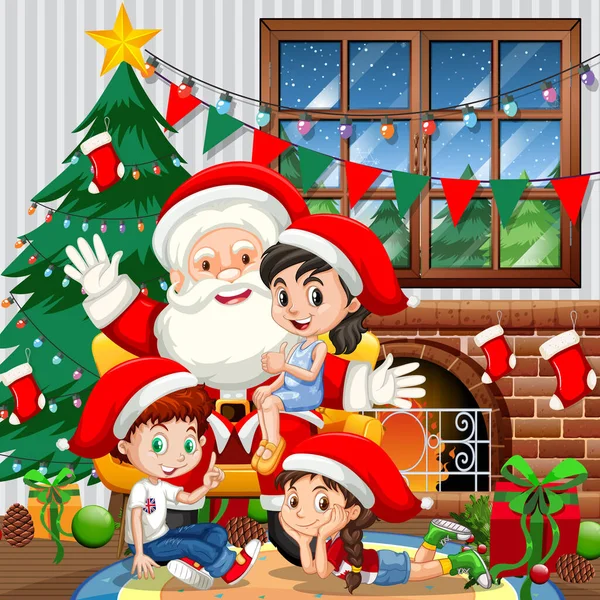 Père Noël Avec Nombreux Enfants Dans Chambre Scène Illustration — Image vectorielle
