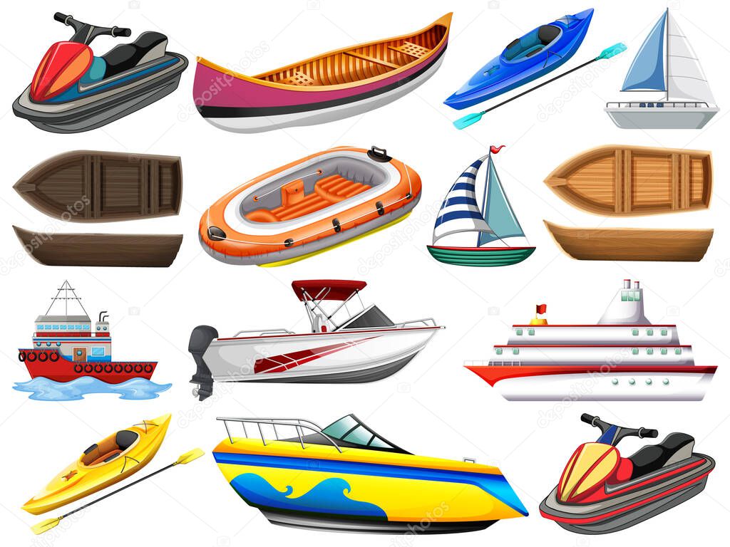 Set of different kind of boats and ship isolated on white background illustration