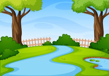 Gün içinde birçok ağaç ve nehir bulunan boş park manzarası