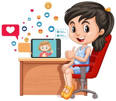 Beyaz arkaplan illüstrasyonunda sosyal medya öğelerine sahip çocuklar