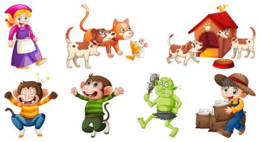 Beyaz arkaplan illüstrasyonunda izole edilmiş farklı çocuk tekerlemesi karakterleri