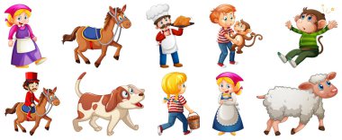 Beyaz arkaplan illüstrasyonunda izole edilmiş farklı çocuk tekerlemesi karakterleri