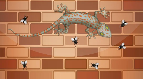 Gecko Ścianie Cegły Wielu Much Stylu Kreskówki Ilustracja — Wektor stockowy