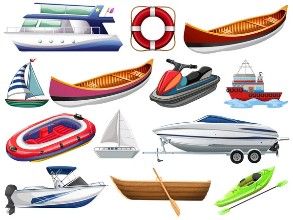 Conjunto Diferentes Tipos Embarcaciones Barcos Aislados Sobre Fondo Blanco Ilustración — Archivo Imágenes Vectoriales