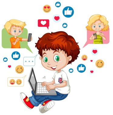 Beyaz arkaplan illüstrasyonunda sosyal medya öğelerine sahip çocuklar