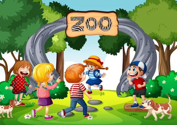 Zoo Puerta Entrada Escena Con Muchos Niños Ilustración — Vector de stock