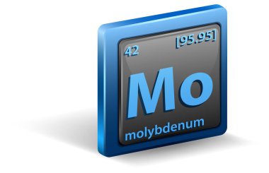 Molybdenum kimyasal elementi. Atom numarası ve atomik kütlesi olan kimyasal bir sembol. resimleme