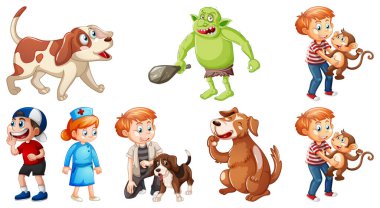 Beyaz arkaplan illüstrasyonunda izole edilmiş farklı çocuk tekerlemesi karakterleri