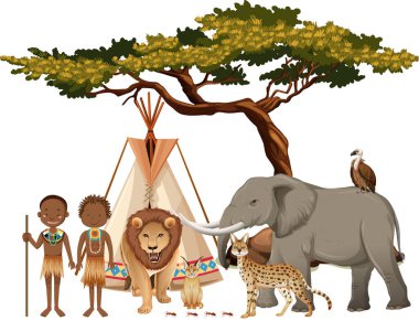 Beyaz arkaplanda bir grup vahşi Afrika hayvanı olan Afrika kabilesi