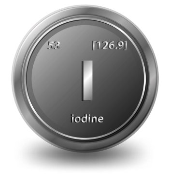 İyot kimyasal element. Atom numarası ve atomik kütlesi olan kimyasal bir sembol. resimleme