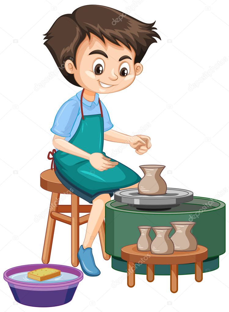 Cartoon character boy making pottery clay on white background illustration